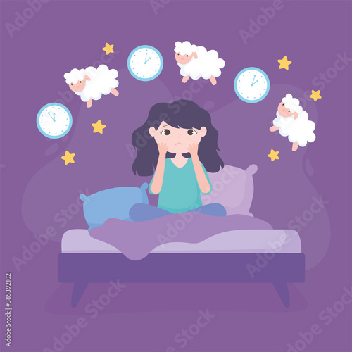 insomnia, worried girl in the bed counting sheeps