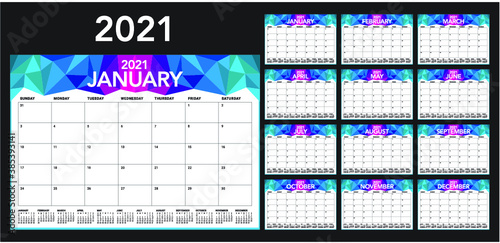 Year 2021 desk calendar vector illustration, simple and clean design. 
