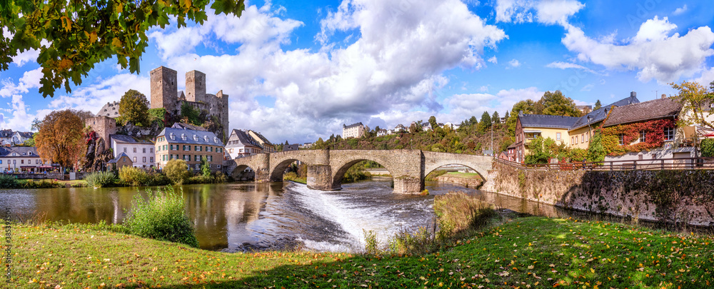 Panorama of the romantic Runkel on the Lahn with old bridge and castle ruins