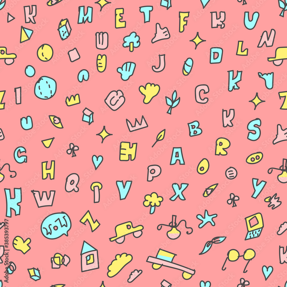 Pink Seamless repeat pattern which consists of alphabet, car, glasses, heart, house and other details Pink Seamless repeat pattern which consists of alphabet, car, glasses, heart, house and other details