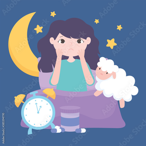 insomnia, sleepless girl on bed with sheep clock moon stars night