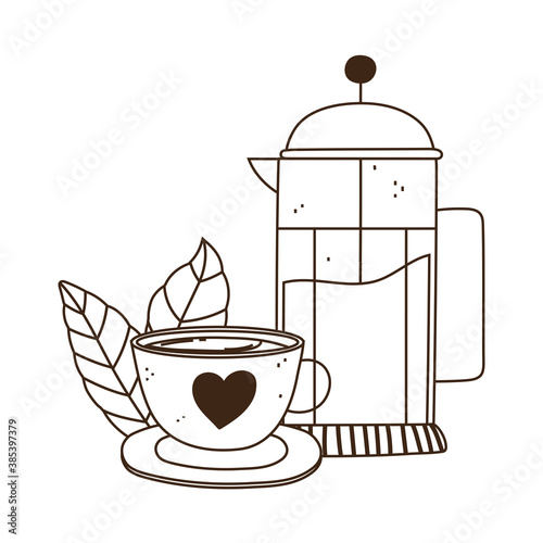 coffee brewing methods, french press cup on dish and leaves line style