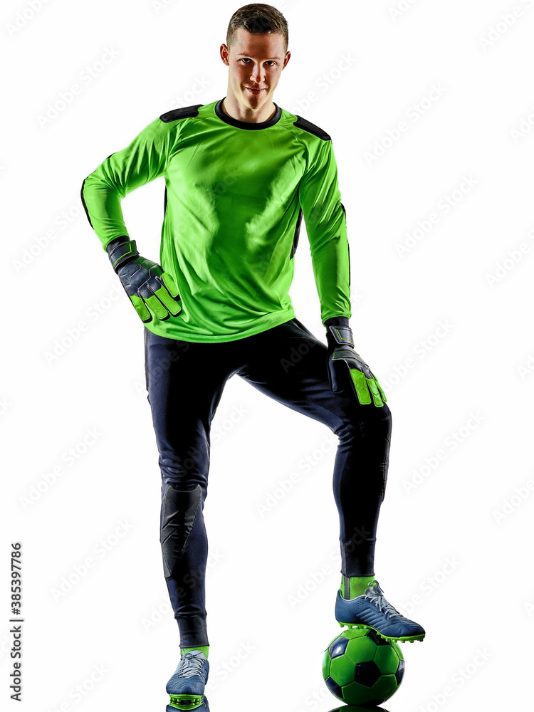one caucasian soccer player goalkeeper man in studio silhouette shadow isolated on white background one caucasian soccer player goalkeeper man in studio silhouette shadow isolated on white background
