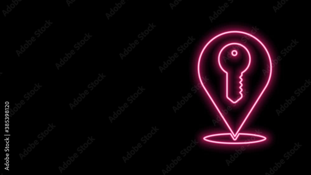 Glowing neon line Location key icon isolated on black background. The concept of the house turnkey. 4K Video motion graphic animation