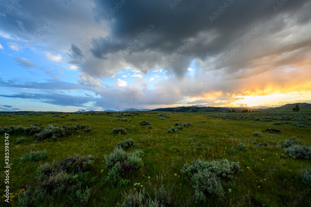 Sun Glows Underneath Storm Clouds with FIeld