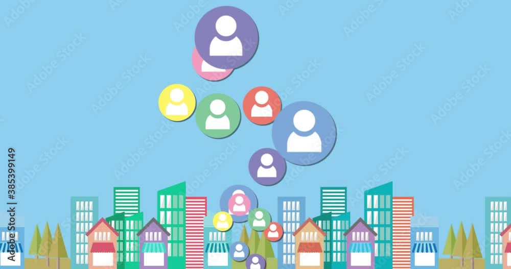 Colorful profile icons floating against cityscape Colorful profile icons floating against cityscape
