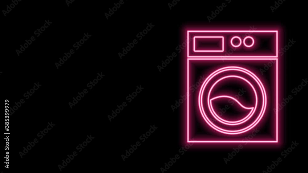 Glowing neon line Washer icon isolated on black background. Washing machine icon. Clothes washer - laundry machine. Home appliance symbol. 4K Video motion graphic animation