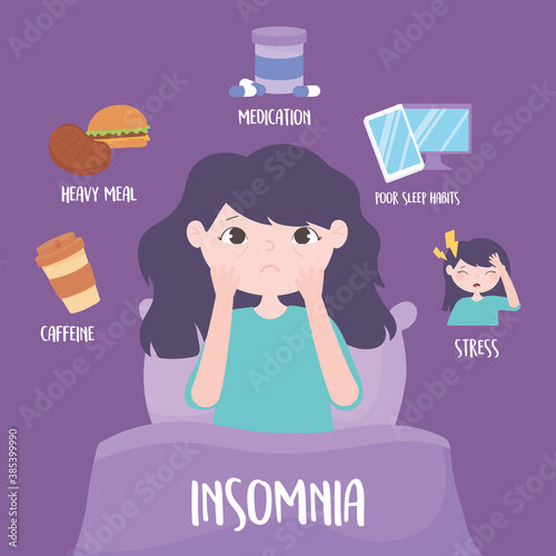 insomnia, girl in the bed, reasons disease caffeine heavy meal medicine stress