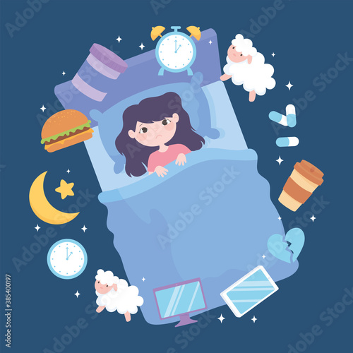 insomnia, girl sleep disorder, causes heavy meal medicine caffeine stress and poor sleep habits