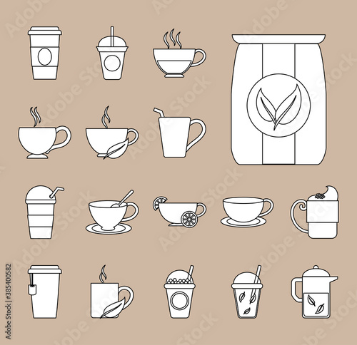 tea, fresh beverage traditional teapot cups teabag sugar leaf, icons set line