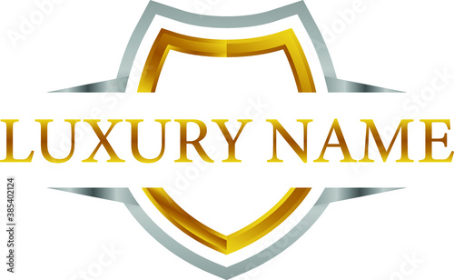 3d metallic golden shield frame logo template vector