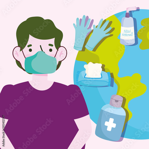 new normal lifestyle, young man with protective mask gel and world