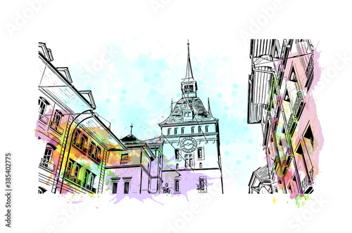Building view with landmark of  Bern is the de facto capital of Switzerland. Watercolor splash with hand drawn sketch illustration in vector.