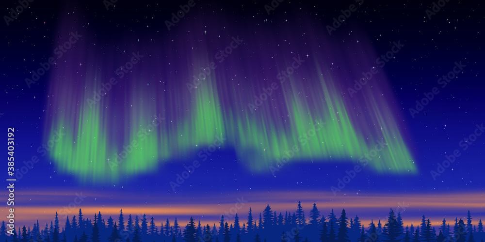 Fantasy on the theme of the northern landscape. Dusk and polar lights. Vector illustration, EPS10