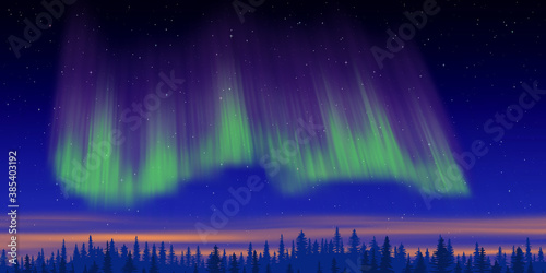 Fantasy on the theme of the northern landscape. Dusk and polar lights. Vector illustration, EPS10