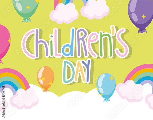 childrens day, hand written lettering rainbows balloons clouds card cartoon