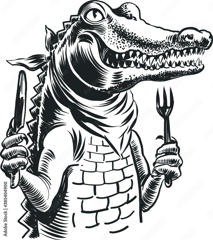 Hungry alligator character with knife and fork. Black and white vector  illustration Stock-Vektorgrafik | Adobe Stock
