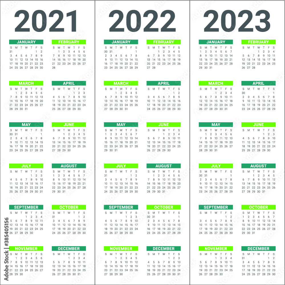 Year 2021 2022 2023 calendar vector design template, simple and clean ...