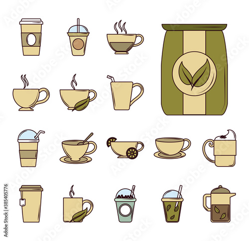 tea, fresh beverage traditional teapot cups teabag sugar leaf, icons set line and fill