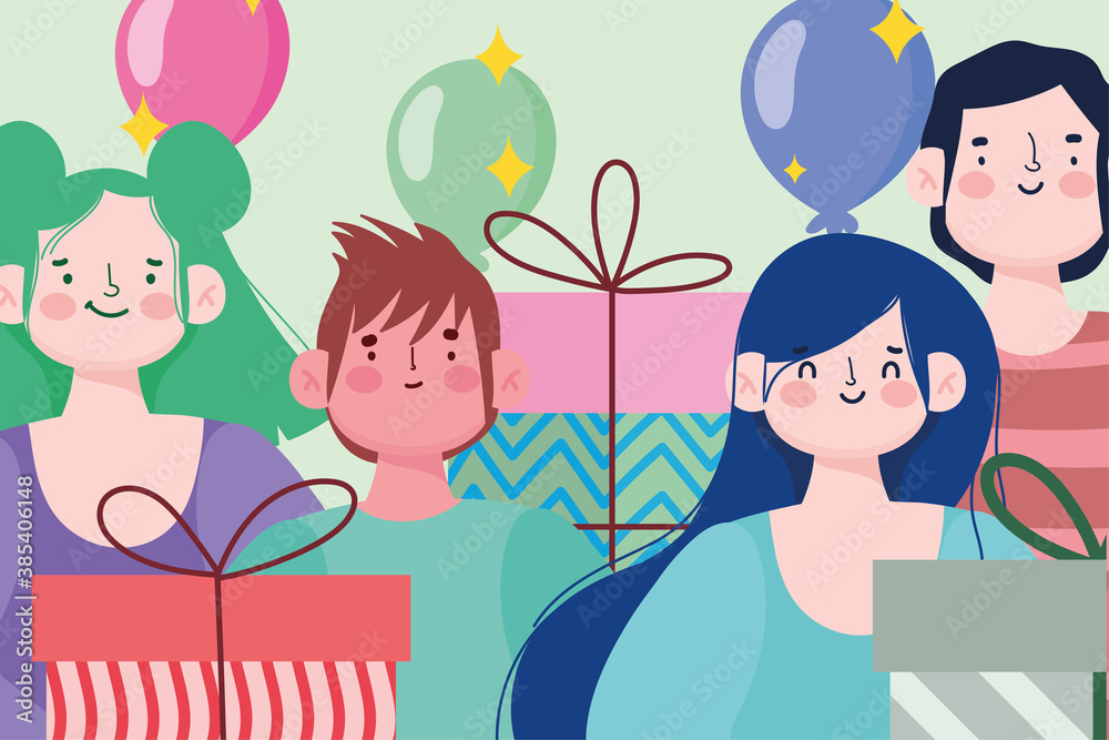 young group people gift boxes and balloons celebration festive young group people gift boxes and balloons celebration festive
