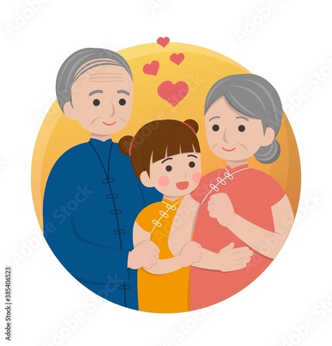 China and Taiwan festivals, respect for the elderly, girls and grandparents smiling happily, cartoon comic characters vector illustration