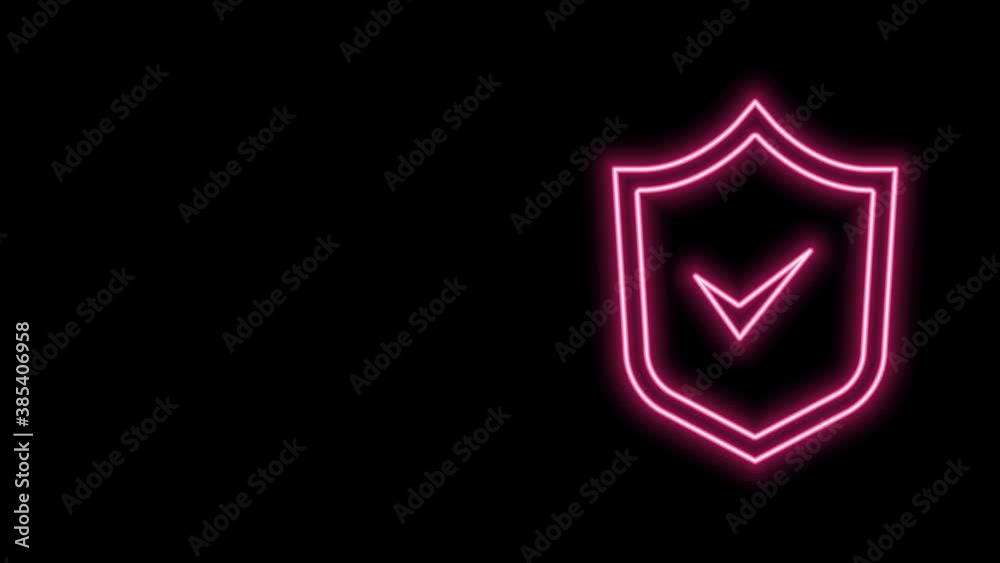 Glowing neon line Shield with check mark icon isolated on black background. Security, safety, protection, privacy concept. Tick mark approved. 4K Video motion graphic animation Glowing neon line Shield with check mark icon isolated on black background. Security, safety, protection, privacy concept. Tick mark approved. 4K Video motion graphic animation