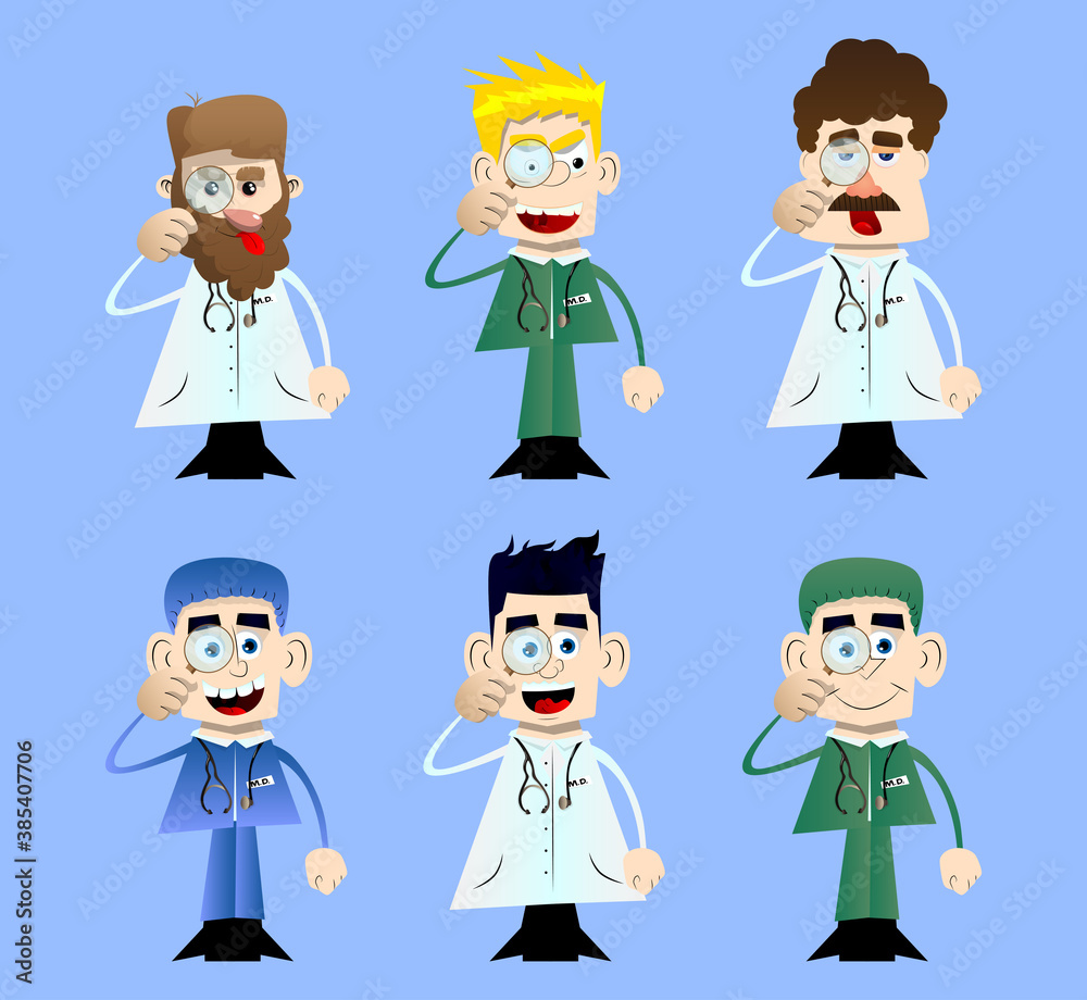 Funny cartoon doctor holding a magnifying glass. Vector illustration. Funny cartoon doctor holding a magnifying glass. Vector illustration.