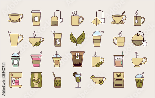 tea, beverage fresh herbal antioxidant set icons line and fill