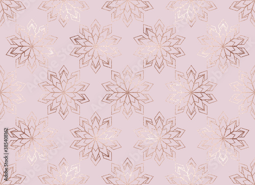 Christmas decoration rose gold snowflake seamless pattern.