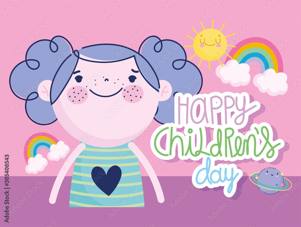 Φωτογραφία childrens day, cartoon cute girl rainbow sun lettering decoration card