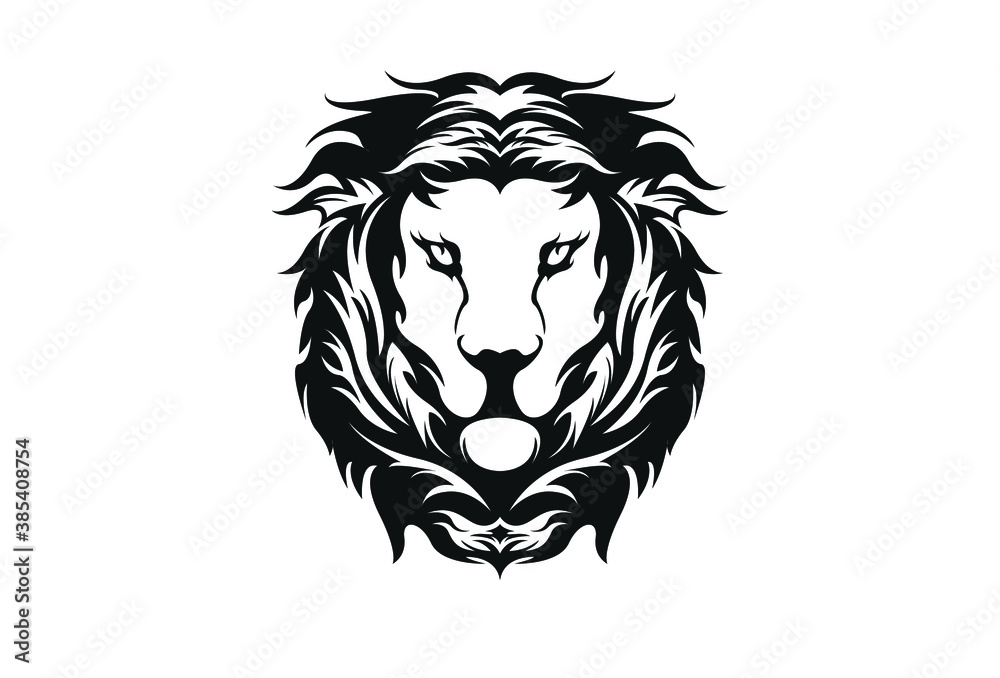 A Lion head logo in black and white. This is vector illustration ideal for a mascot and tattoo or T-shirt graphic.