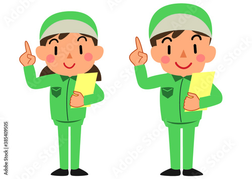 指をさす作業服を着た女性と男性