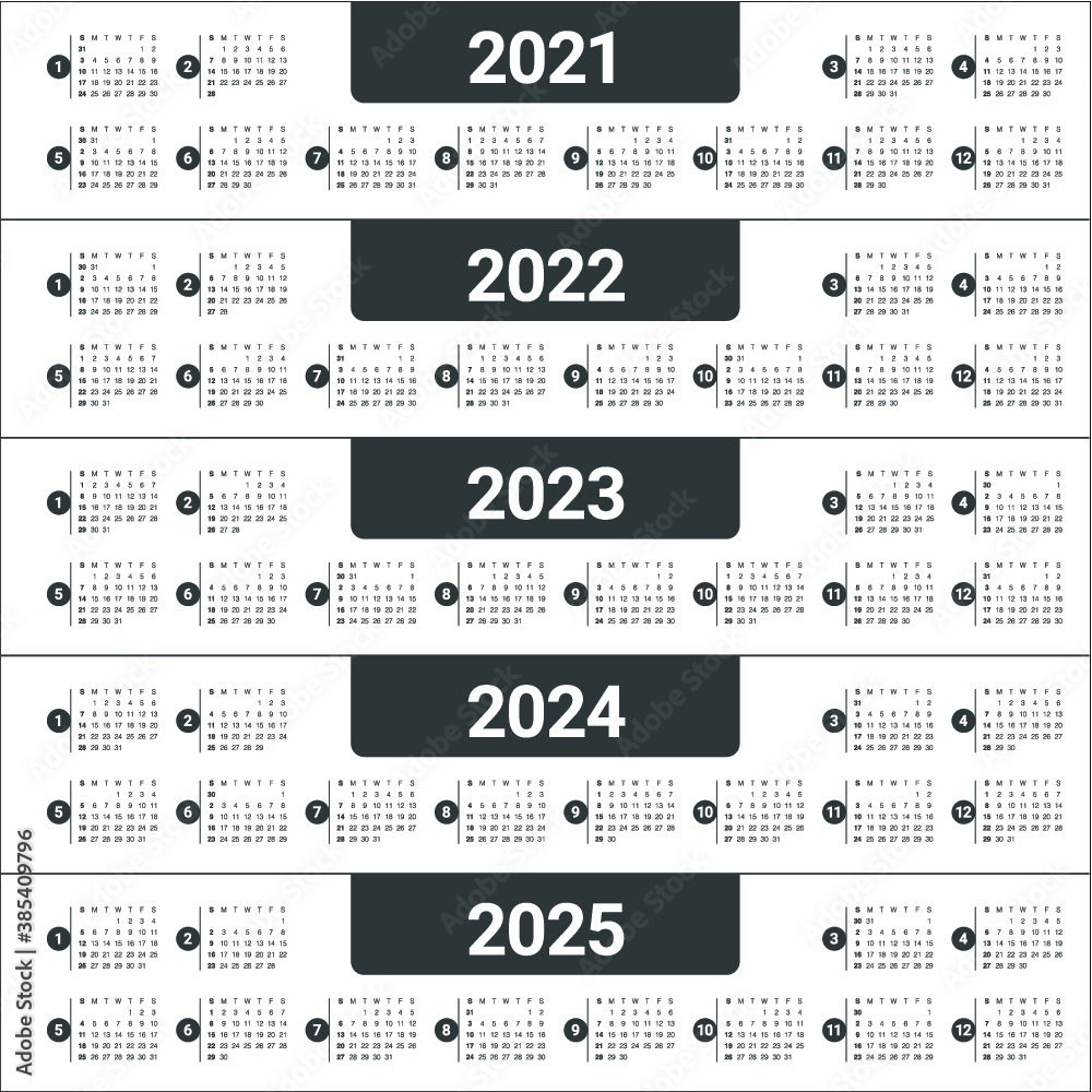 Year 2021 2022 2023 2024 2025 calendar vector design template, simple ...