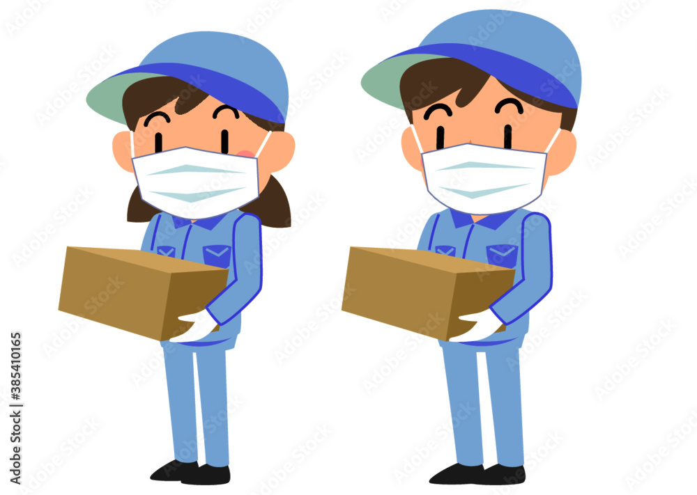マスクをつけて荷物を運ぶ作業服を着た女性と男性 マスクをつけて荷物を運ぶ作業服を着た女性と男性