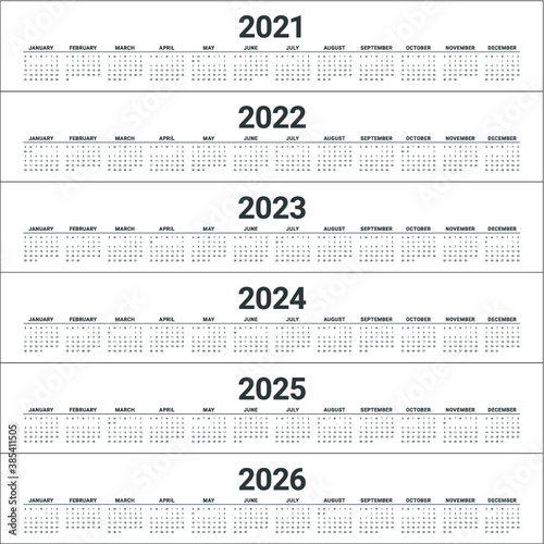 Year 2021 2022 2023 2024 2025 2026 calendar vector design template, simple and clean design