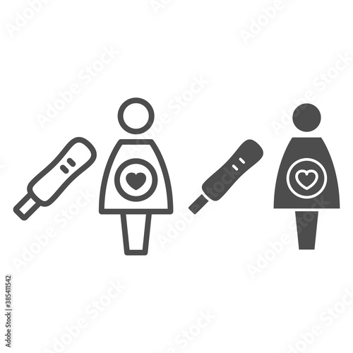 Pregnancy test line and solid icon, Medical tests concept, Woman and positive test result sign on white background, pregnant girl icon in outline style for mobile and web design. Vector graphics.