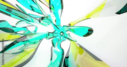 Abstract architectural background. Flying on a white minimalistic interior. Futuristic modern space. Stained glass sculpture. Array of fragments. Bright lighting. 3D animation and rendering.