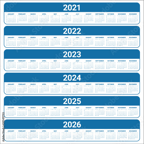 Year 2021 2022 2023 2024 2025 2026 calendar vector design template, simple and clean design