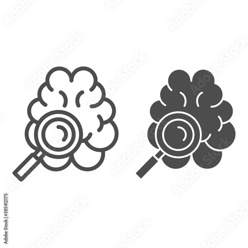Brain tomography line and solid icon, Medicine concept, Brain examination sign on white background, Brain under magnifying glass icon in outline style for mobile concept, web design. Vector graphics.
