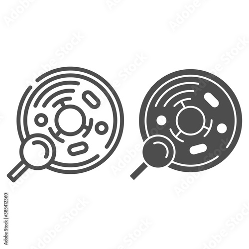 Cell analysis line and solid icon, Medical tests concept, Bacteriological test sign on white background, Molecular structure analysis and magnifying glass icon in outline style. Vector graphics.