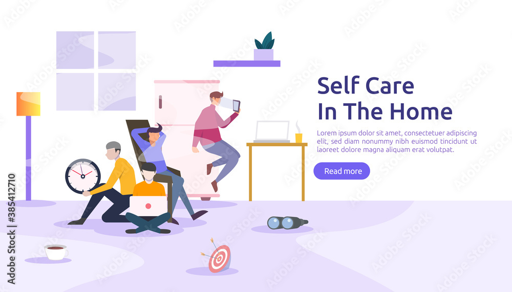 self care and stay home concept. Self isolation, home activities, quarantine due to coronavirus illustration template for landing page, banner, presentation, social, poster, promotion or print media