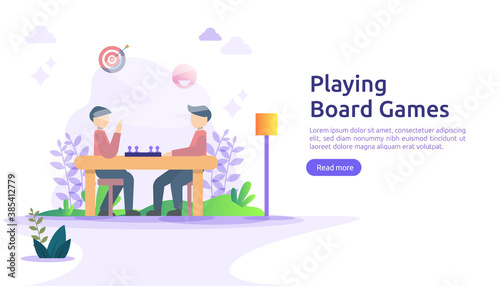 people playing board or tabletop games together concept. illustration template for web landing page, banner, presentation, social, poster, ad, promotion or print media