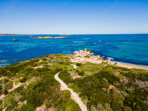 Aerial view of Point Peron and Shoalwater Bay with rocky limestone formations and seagrass. photo