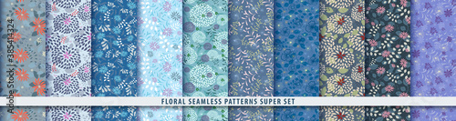 Floral seamless textile pattern set. Flowers and leaves.. Blue vector fabric background.