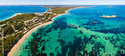Aerial view of Point Peron and Shoalwater Bay with rocky limestone formations and seagrass.