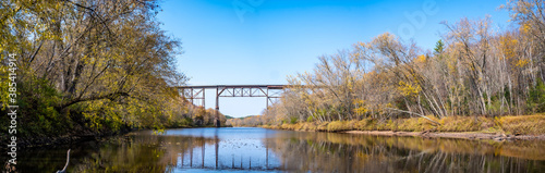 Railroad bridge crossing the Kettle River at Quarry Rapids Robinson State Park in Minnesota