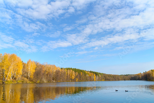 Beautiful autumn landscape with clear blue lake and yellow autumn trees.