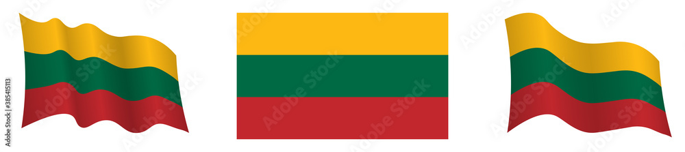 flag of lithuania in static position and in motion, developing in wind in exact colors and sizes, on white background
