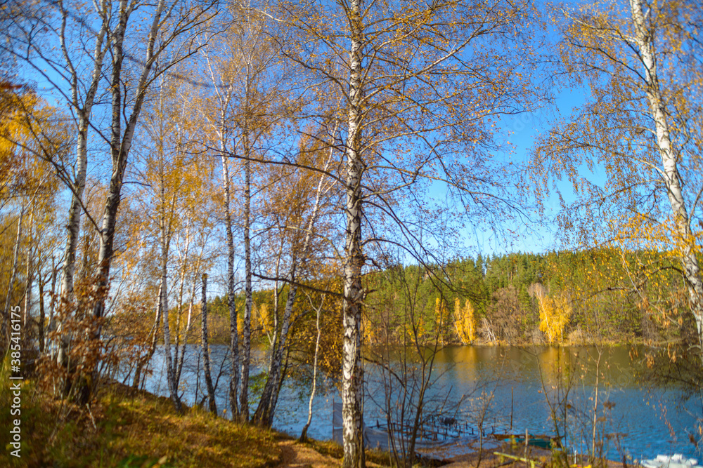 Beautiful autumn landscape with clear blue lake and yellow autumn trees.