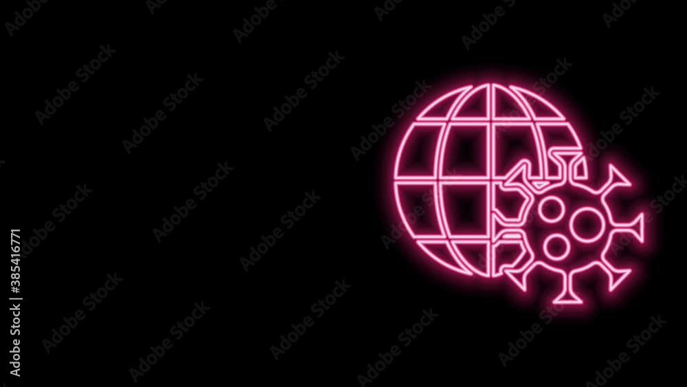Glowing neon line Earth globe with virus icon isolated on black background. Corona virus 2019-nCoV. Bacteria and germs, cell cancer, microbe, fungi. 4K Video motion graphic animation Glowing neon line Earth globe with virus icon isolated on black background. Corona virus 2019-nCoV. Bacteria and germs, cell cancer, microbe, fungi. 4K Video motion graphic animation
